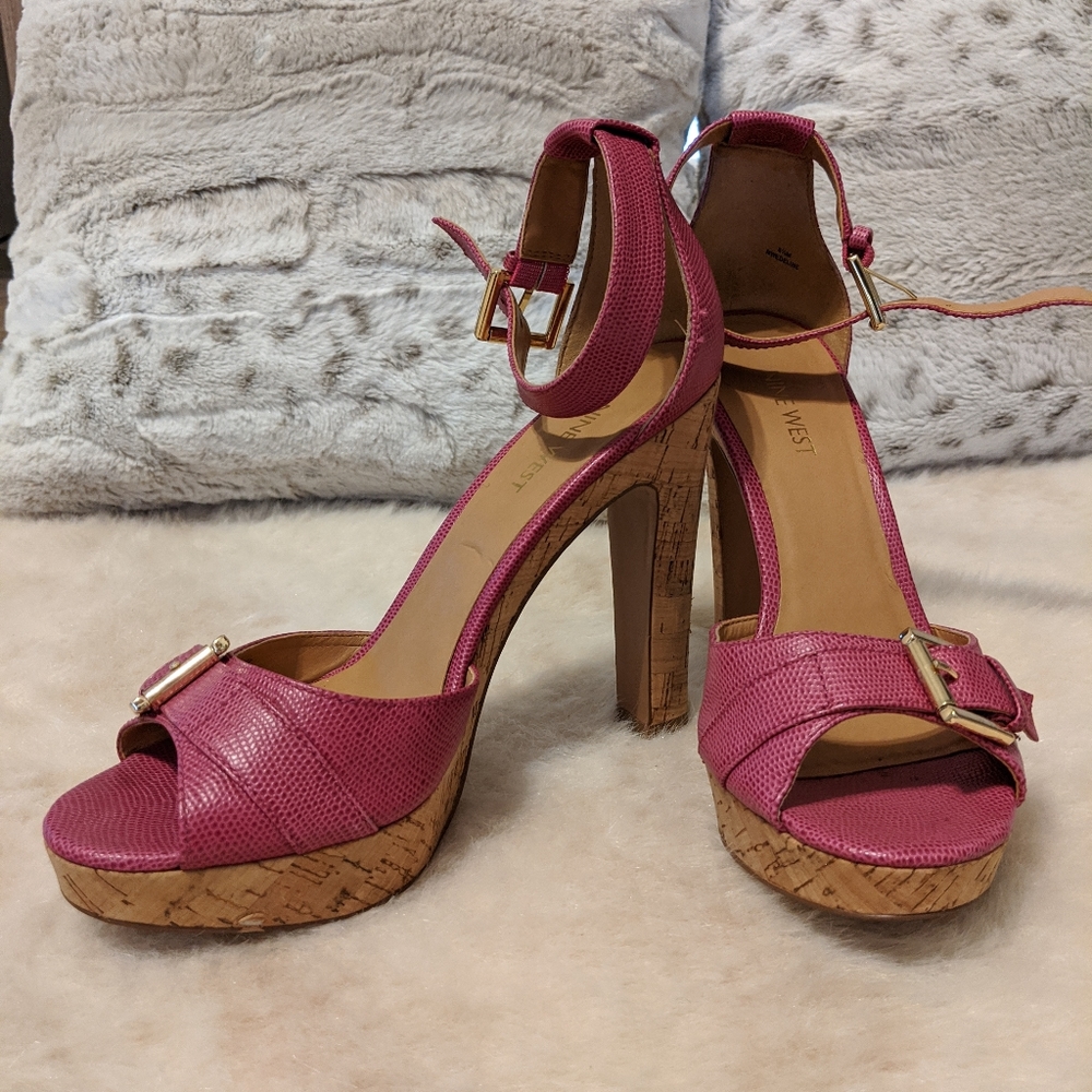 nine west pink leather platform heel sandals size9